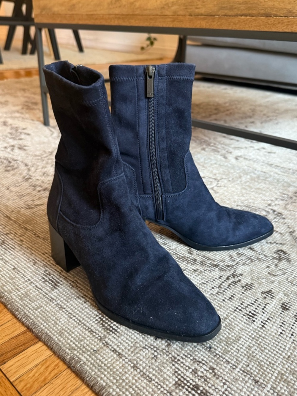 Aquatalia Navy Suede Ankle Boots with Block Heel